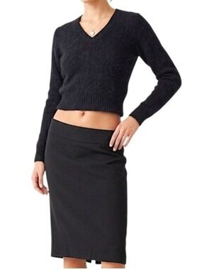 Vtg 80s La Redoute x Sears black fuzzy cropped Angora blend v neck sweater M